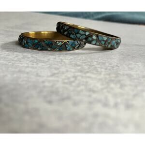 Two Brutalist VTG Indian Brass & Turquoise Bangles  Ethnic Bohemian Jewelry
